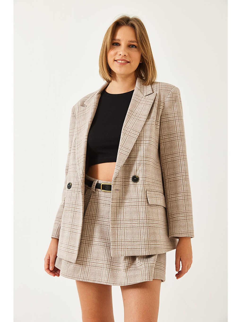 Bej Kadın Ekose Desenli Kaşe Kemerli Şortlu Etek-5