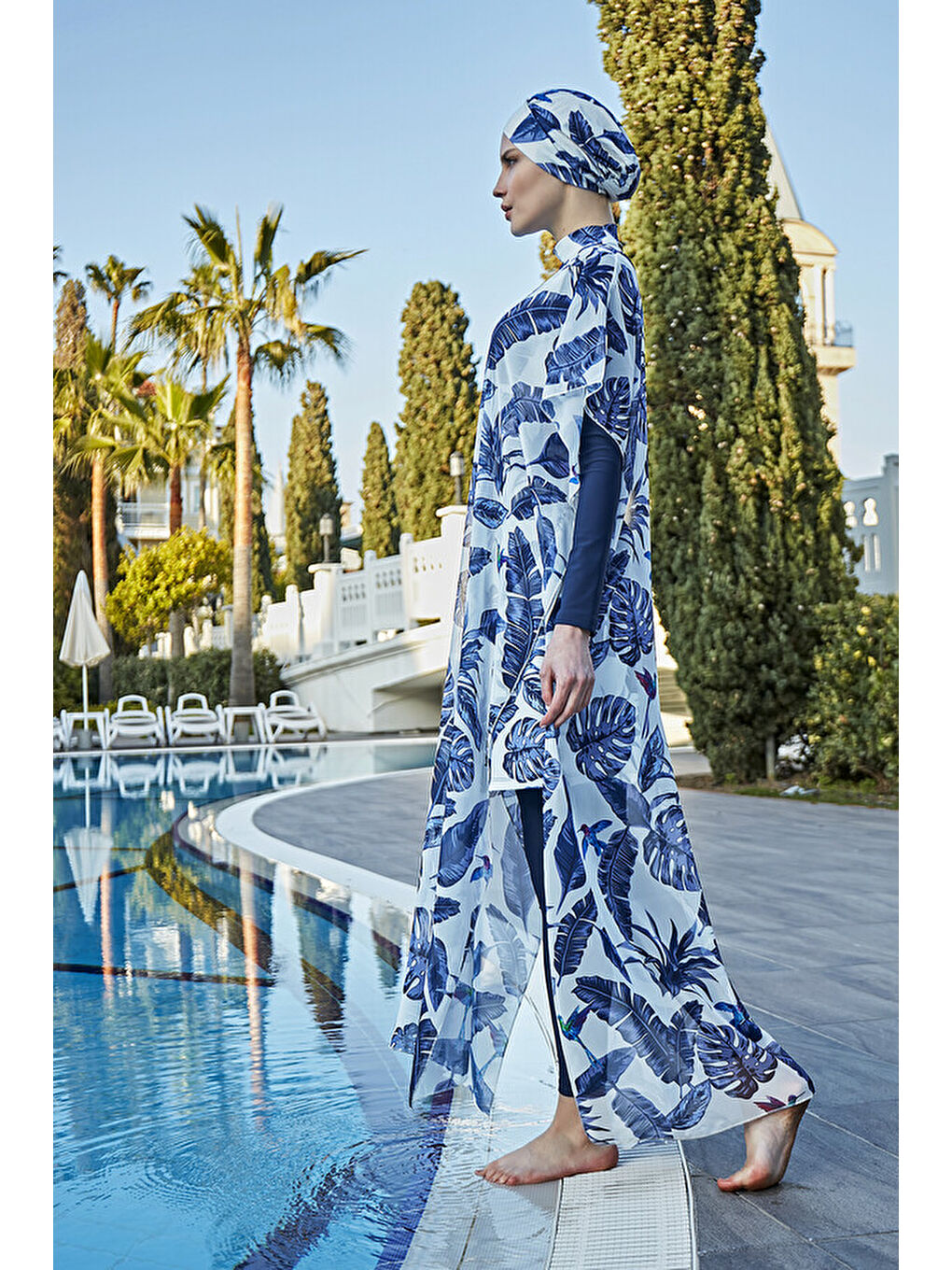 Tesettür Mayo Üzerine Tasarım Tek Kaftan Pareo 430-105 Mavi Yapraklar