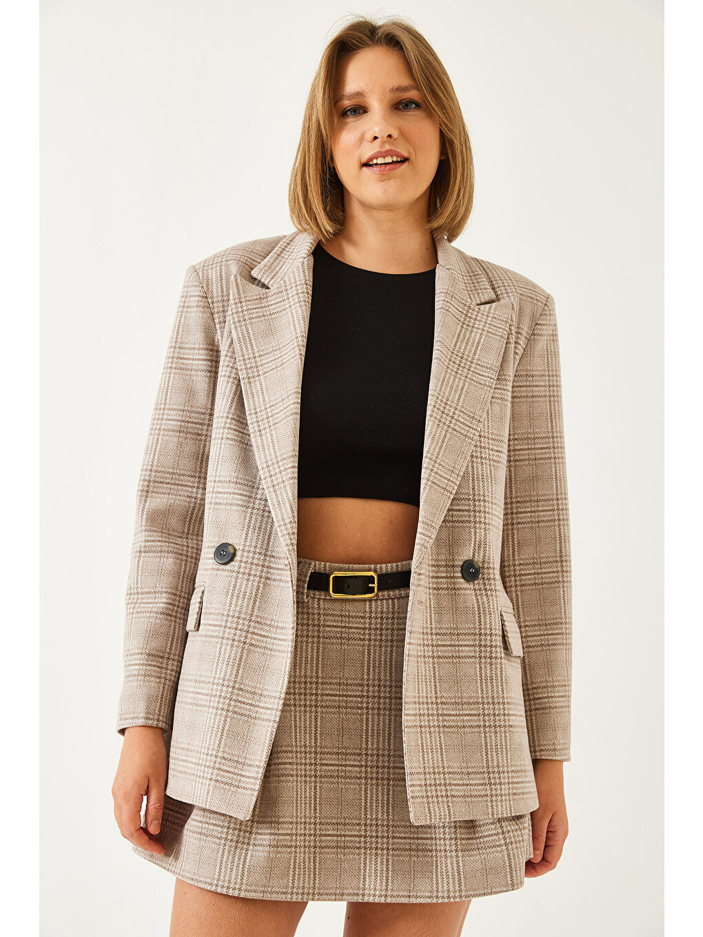 Bej Kadın Ekose Desenli Kaşe Kemerli Şortlu Etek-6