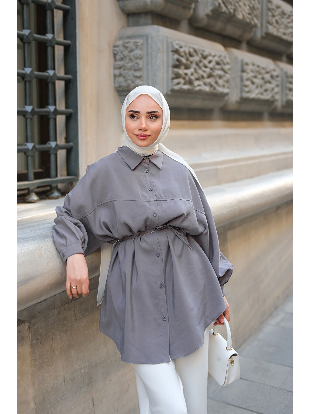 Kadın Bel Bağlamalı Gömlek Antrasit