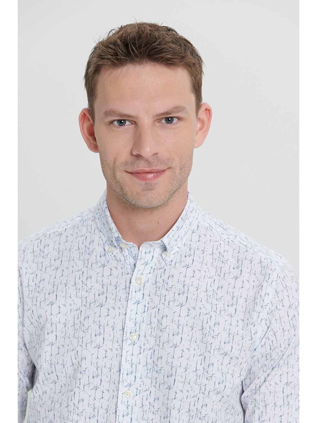 Erkek Beyaz-Lacivert Slim Fit Dar Kesim Klasik Yaka Pamuklu Armürlü Gömlek-4