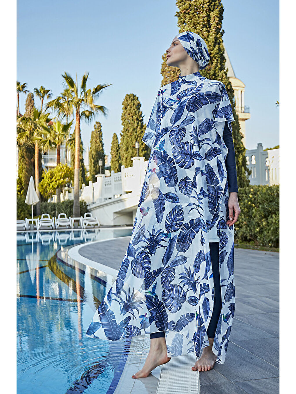 Tesettür Mayo Üzerine Tasarım Tek Kaftan Pareo 430-105 Mavi Yapraklar-1