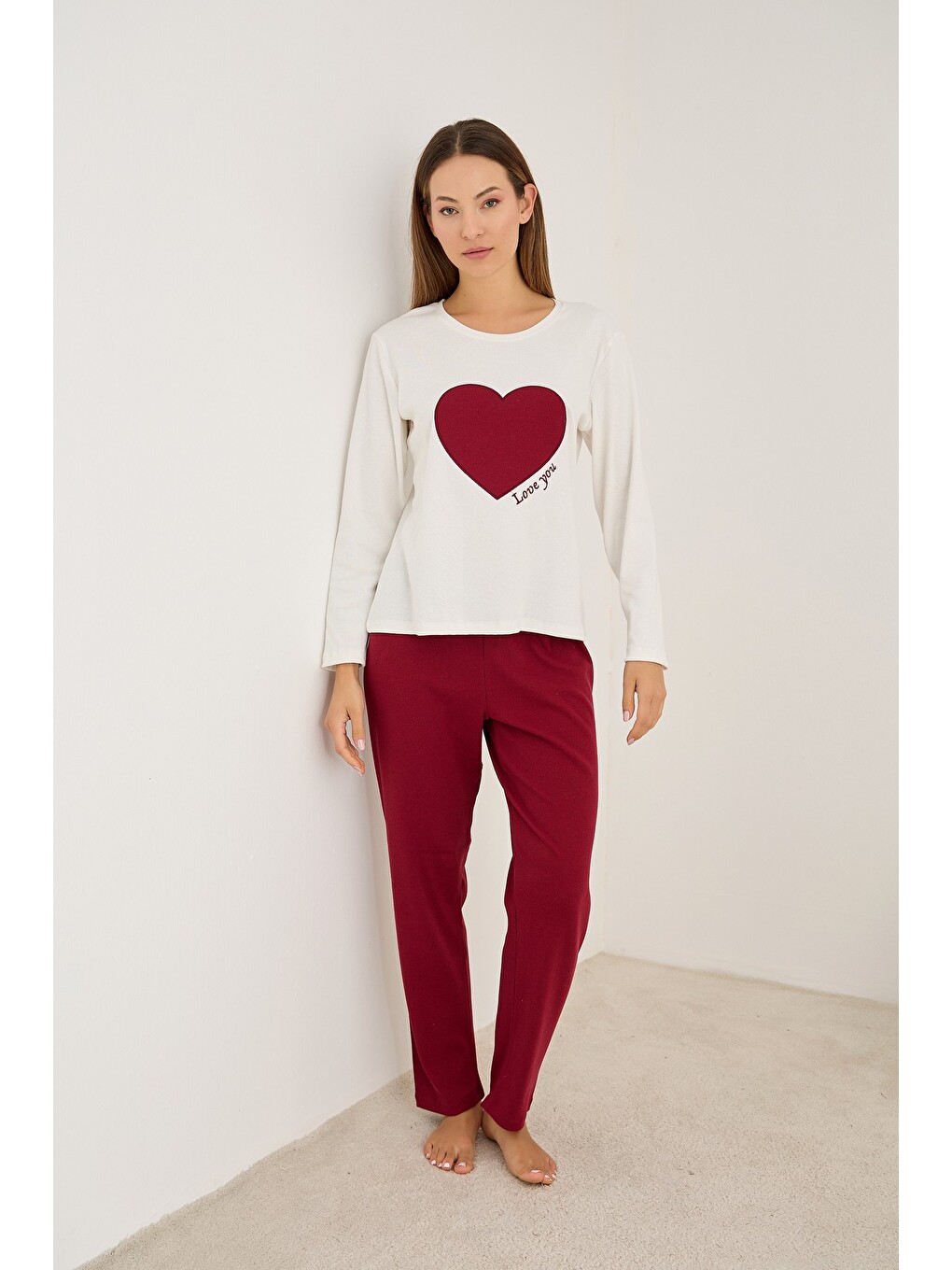 Bordo Pamuklu Fitilli Kaşkorse Örme Pijama Takım25226013-1