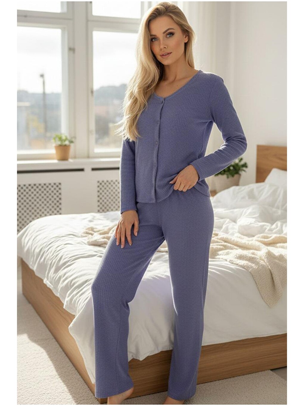Mor Fırçalı Yumuşak Dokulu Fitilli Kaşkorse Örme Düğmeli Hırka Pijama Takım-1