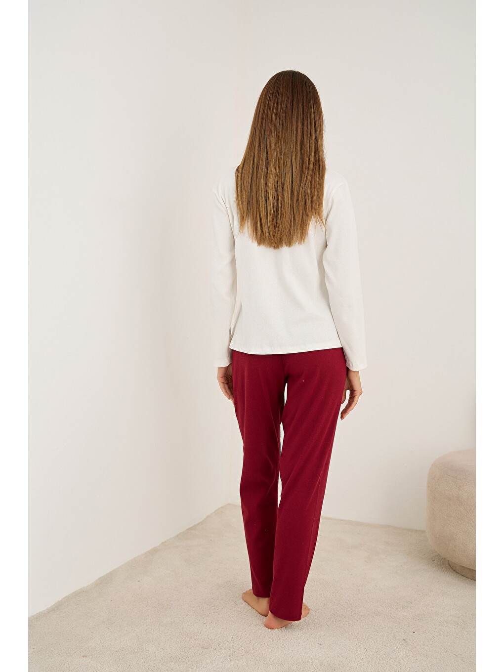 Bordo Pamuklu Fitilli Kaşkorse Örme Pijama Takım25226013-2