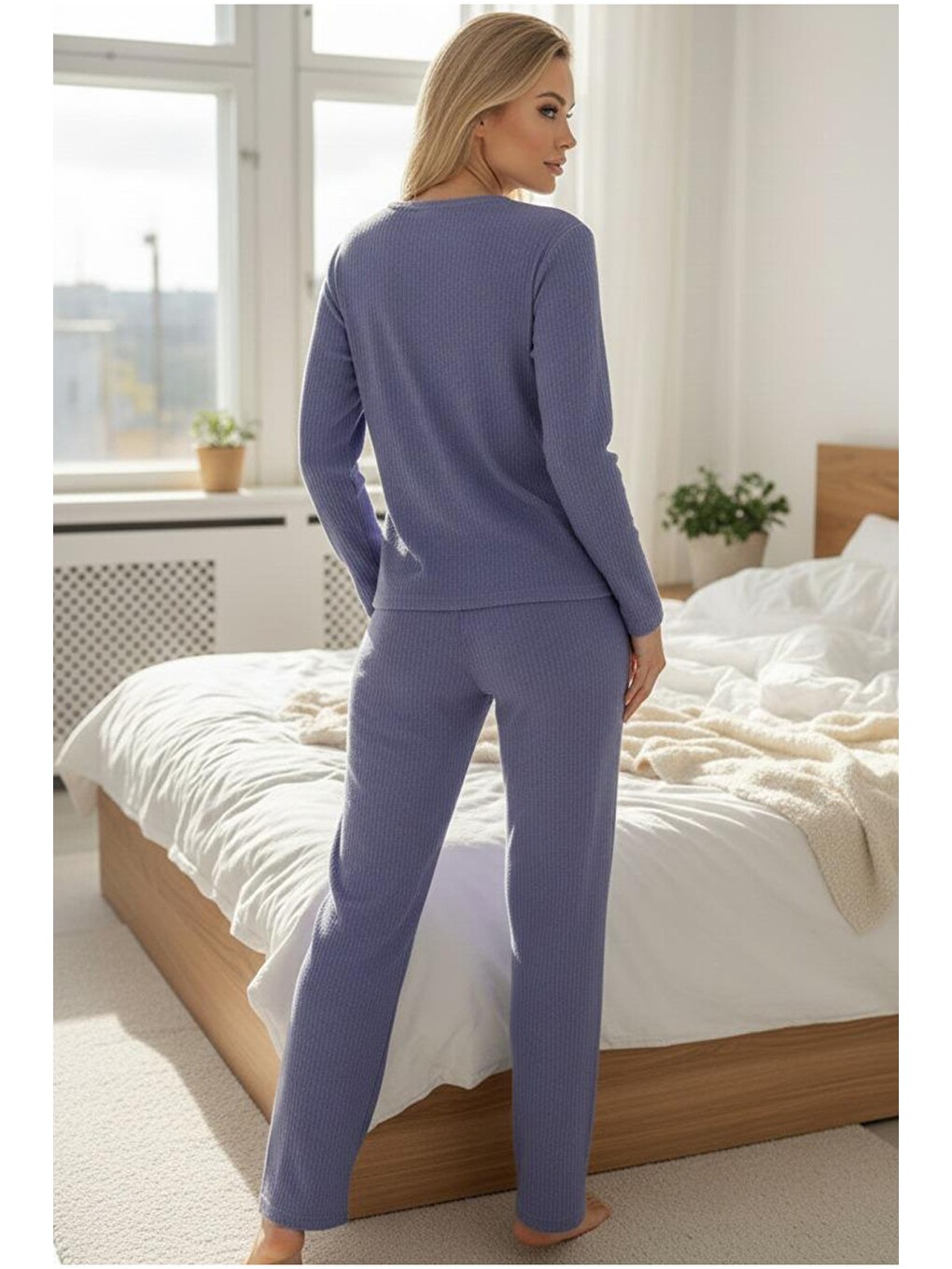 Mor Fırçalı Yumuşak Dokulu Fitilli Kaşkorse Örme Düğmeli Hırka Pijama Takım-2