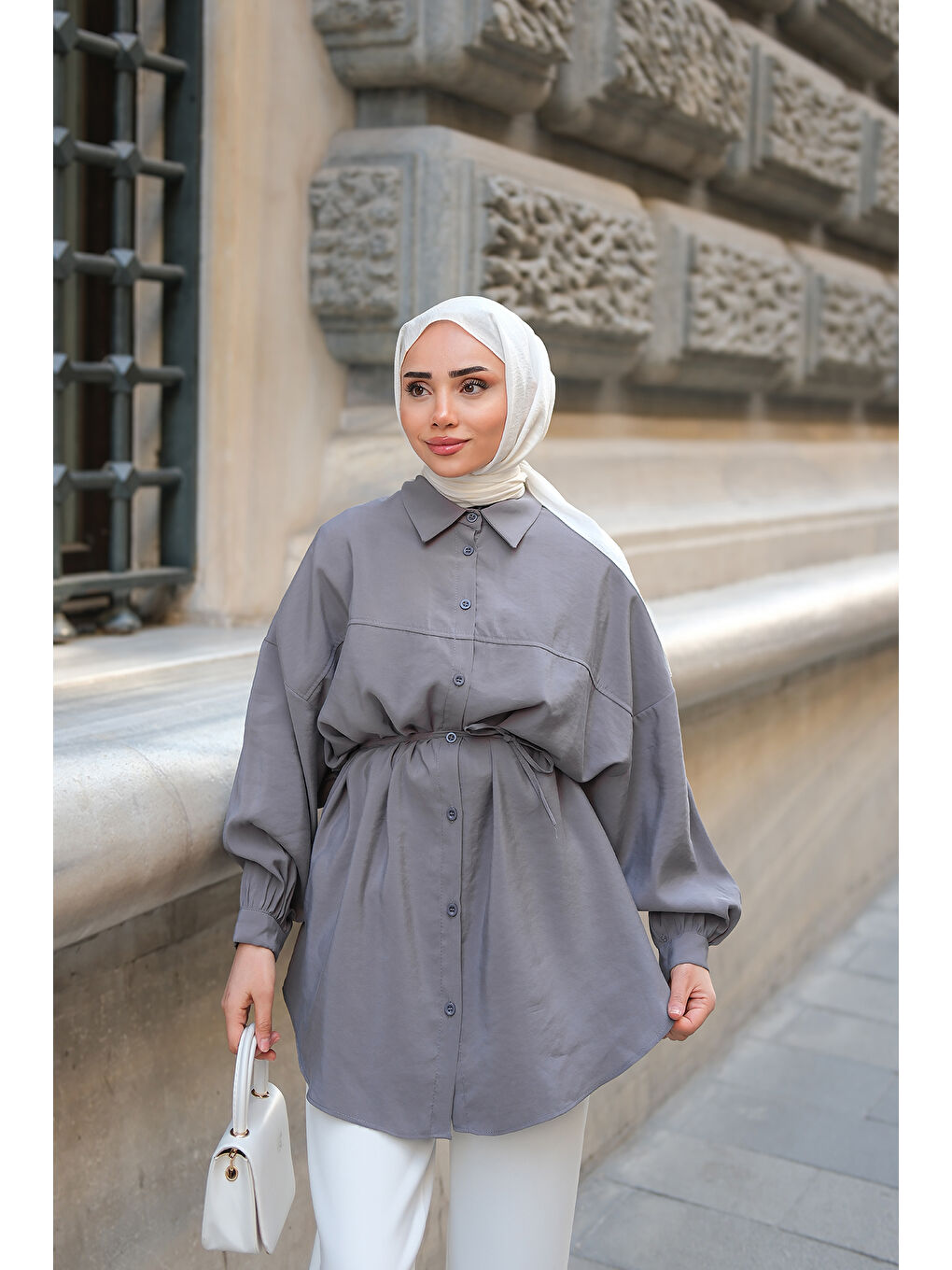 Kadın Bel Bağlamalı Gömlek Antrasit-1