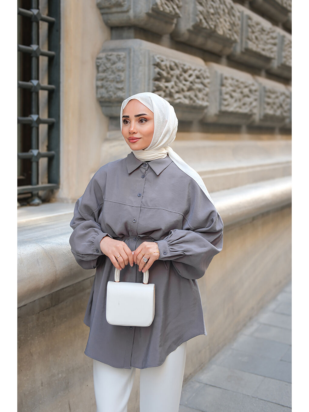 Kadın Bel Bağlamalı Gömlek Antrasit-2