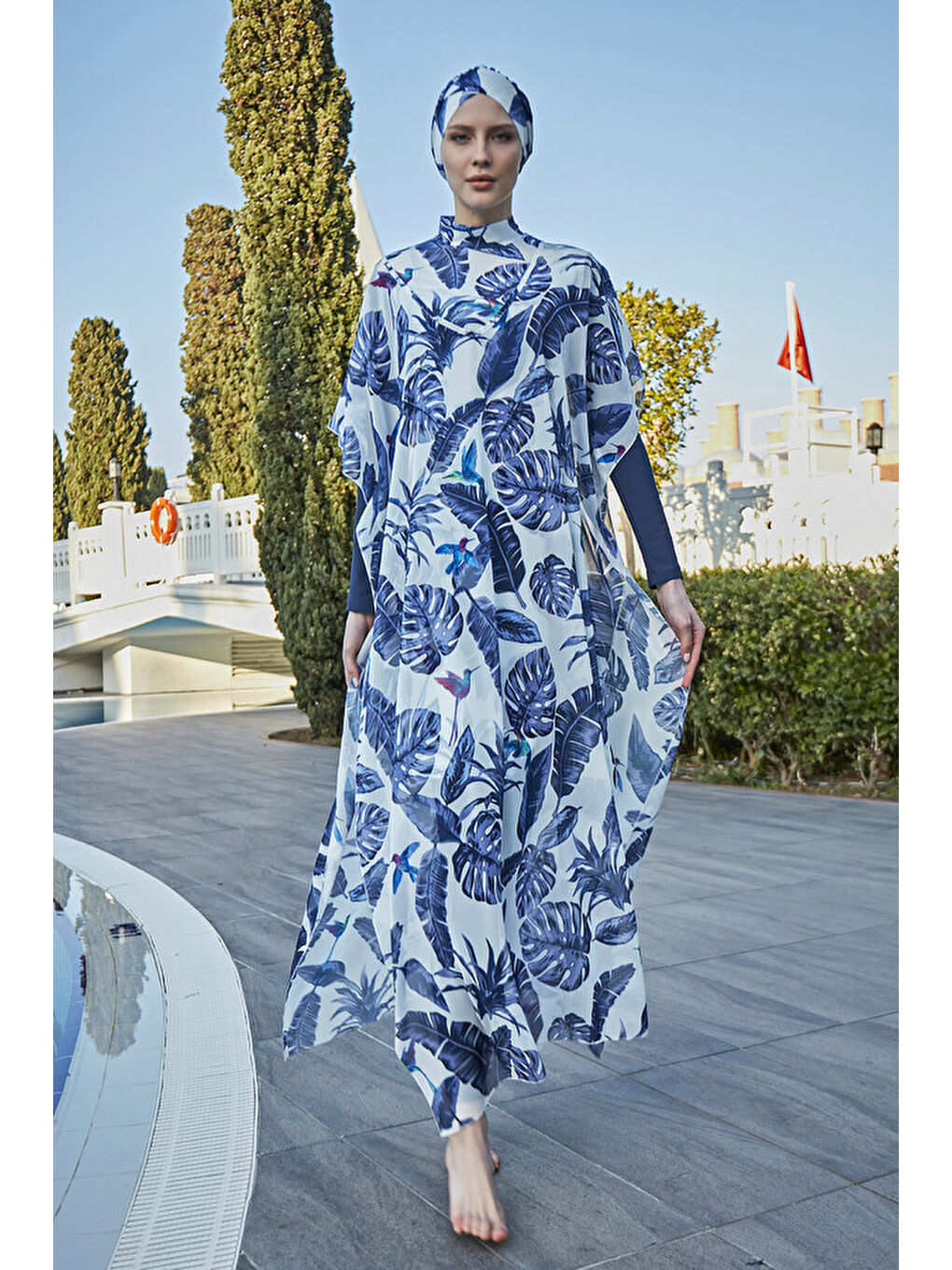 Tesettür Mayo Üzerine Tasarım Tek Kaftan Pareo 430-105 Mavi Yapraklar-3