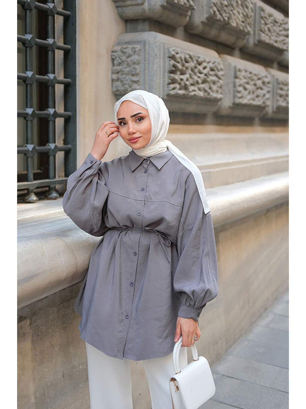 Kadın Bel Bağlamalı Gömlek Antrasit-3