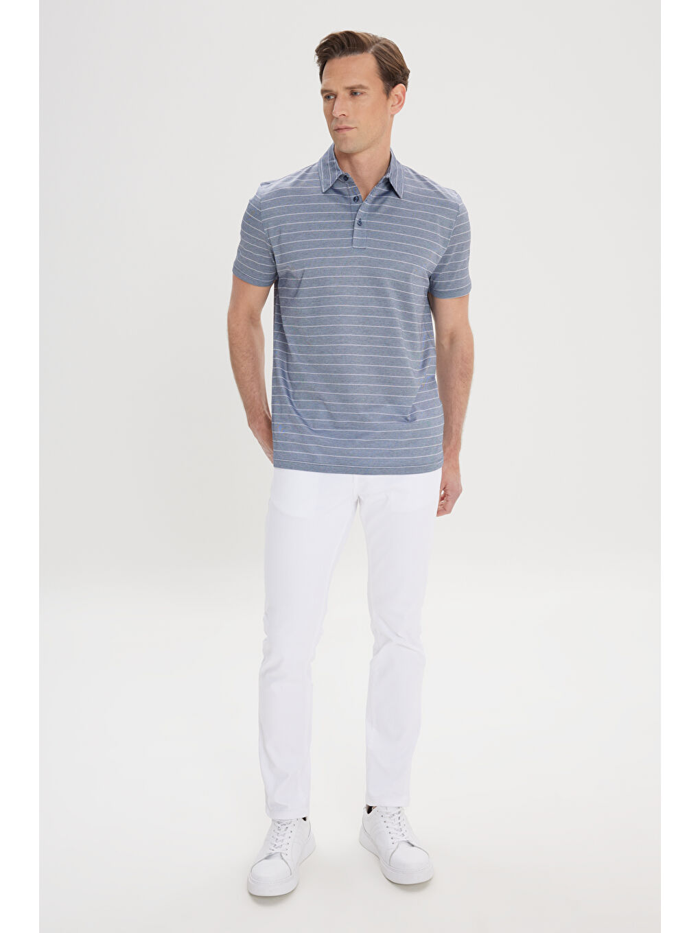 Erkek Lacivert-Ekru Regular Fit Rahat Kesim %100 Pamuk Çizgili Polo Yaka Tişört-1