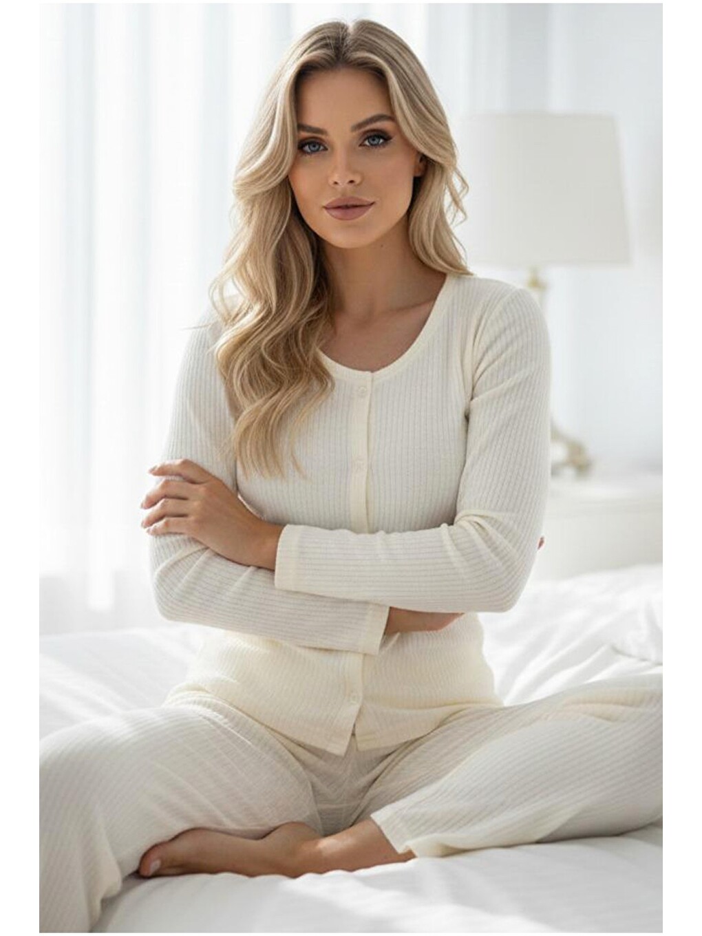 Ekru Fırçalı Yumuşak Dokulu Fitilli Kaşkorse Örme Düğmeli Hırka Pijama Takım