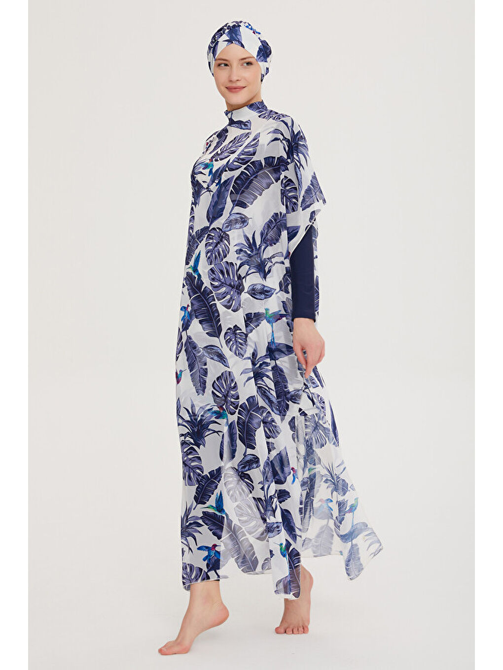Tesettür Mayo Üzerine Tasarım Tek Kaftan Pareo 430-105 Mavi Yapraklar-4
