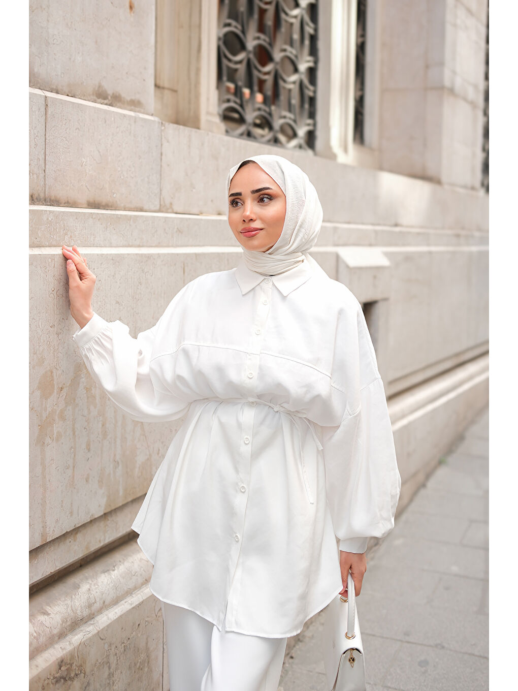 Kadın Bel Bağlamalı Gömlek Beyaz-1