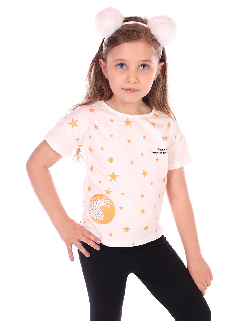 Ekru Kız Bebek Önü Simli Yıldız Baskılı Tişört