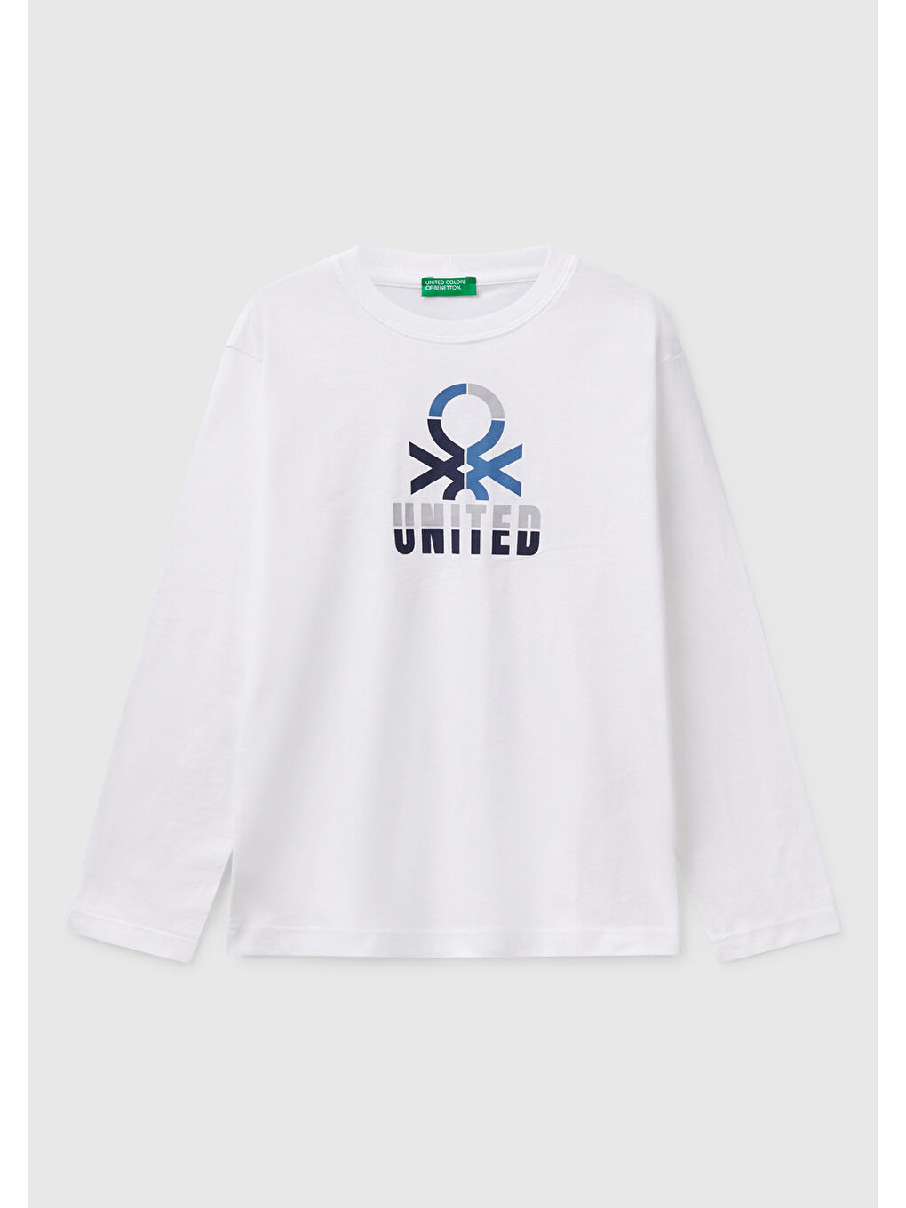 Erkek Çocuk Beyaz Benetton Logo Baskılı Uzun Kollu Tişört
