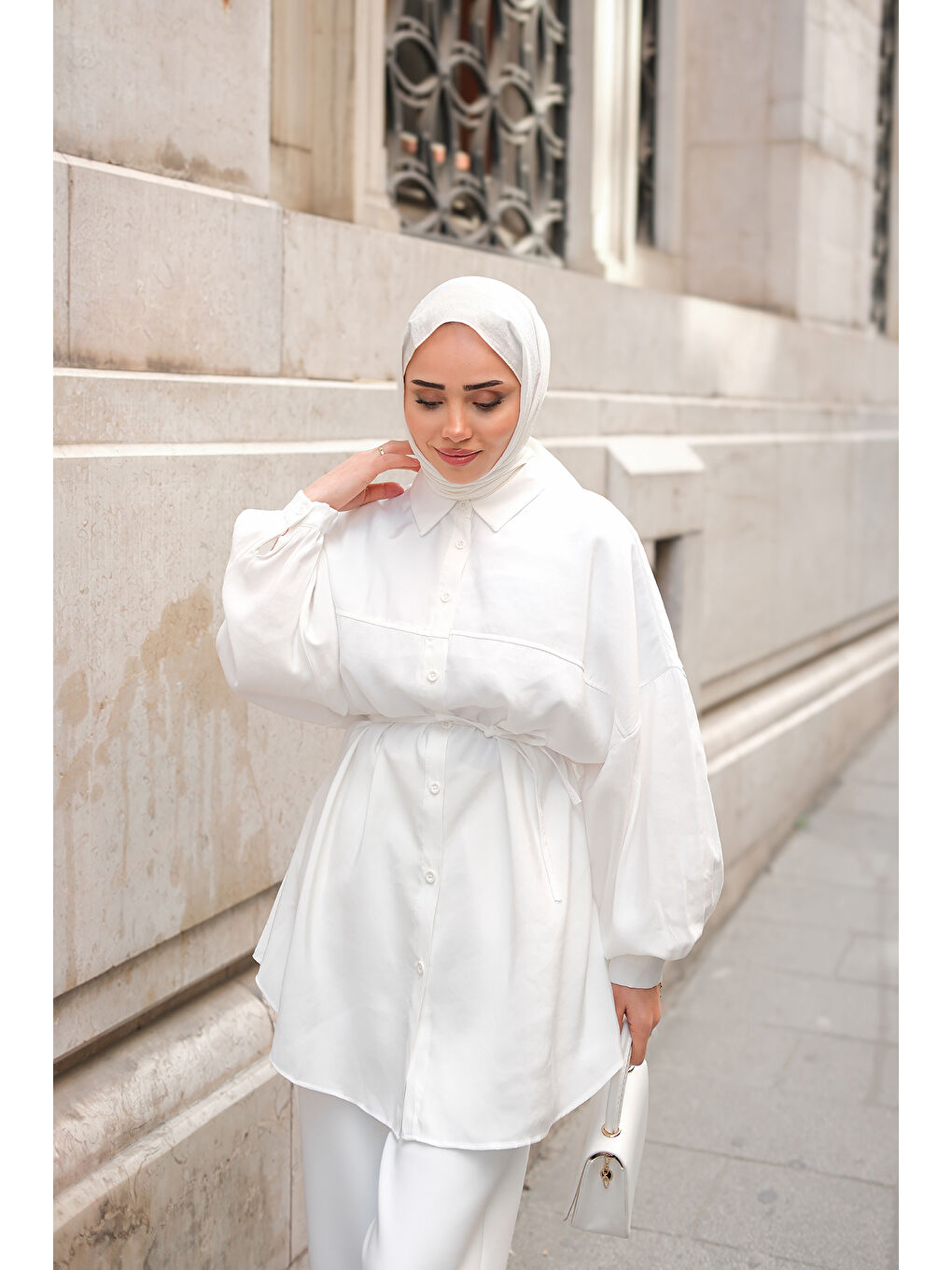 Kadın Bel Bağlamalı Gömlek Beyaz-2