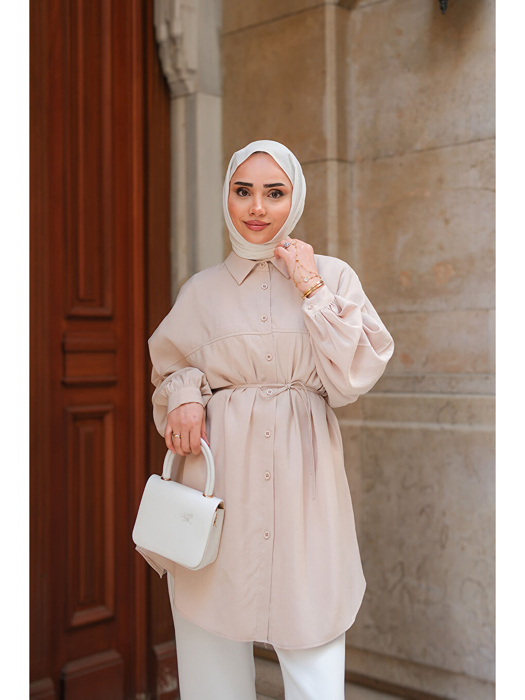 Ekru Kadın Bel Bağlamalı Gömlek Krem-1