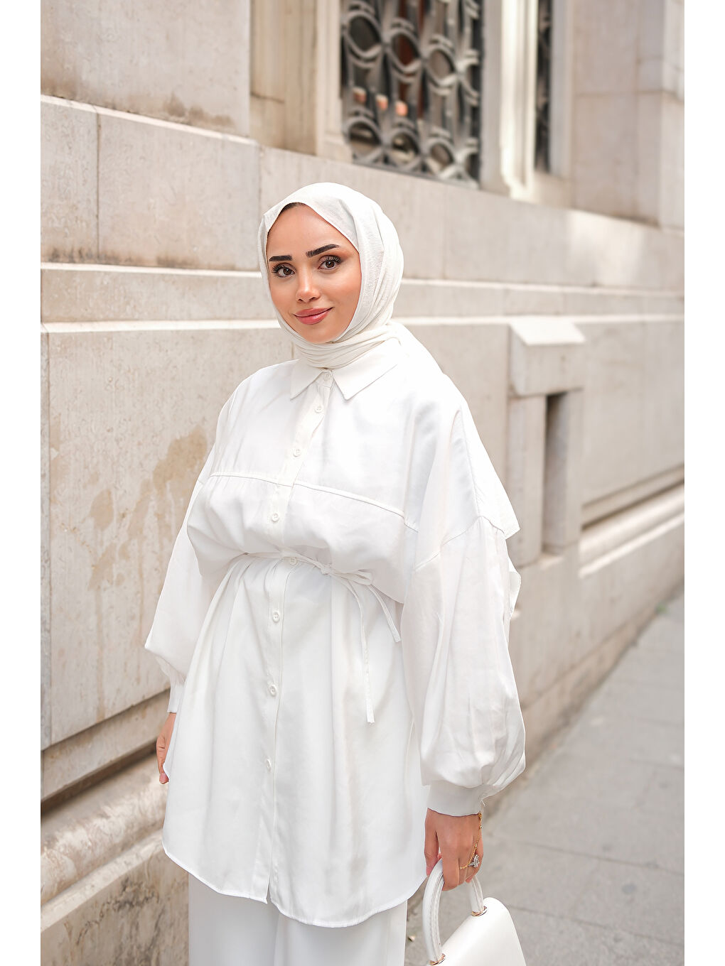 Kadın Bel Bağlamalı Gömlek Beyaz-3
