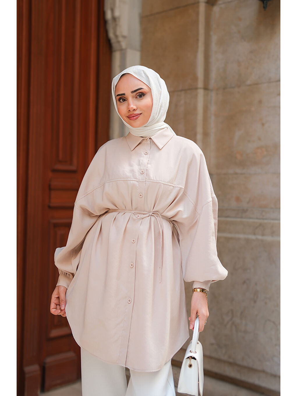 Ekru Kadın Bel Bağlamalı Gömlek Krem-2