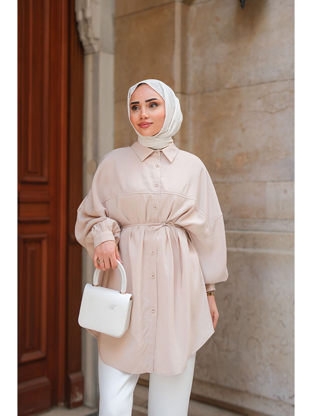 Ekru Kadın Bel Bağlamalı Gömlek Krem-3