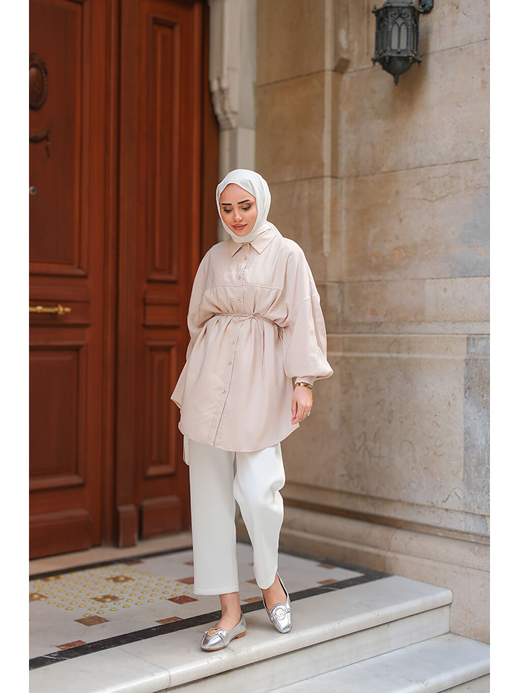 Ekru Kadın Bel Bağlamalı Gömlek Krem-4