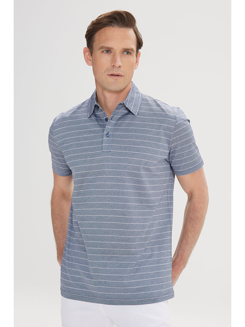Erkek Lacivert-Ekru Regular Fit Rahat Kesim %100 Pamuk Çizgili Polo Yaka Tişört-2