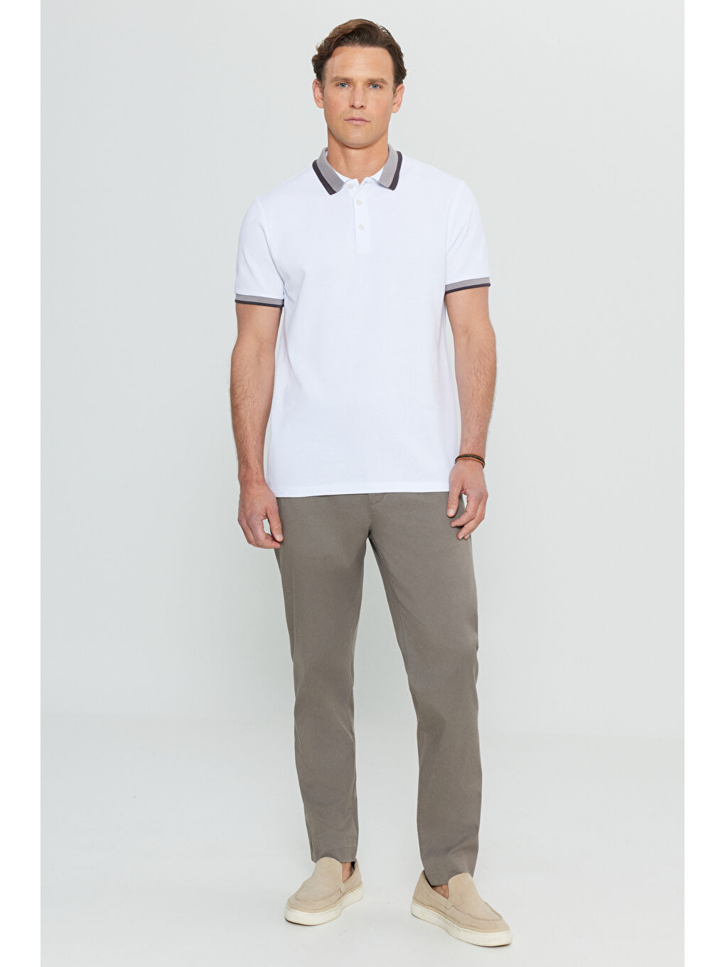 Erkek Beyaz %100 Pamuk Slim Fit Dar Kesim Polo Yaka Tişört-3