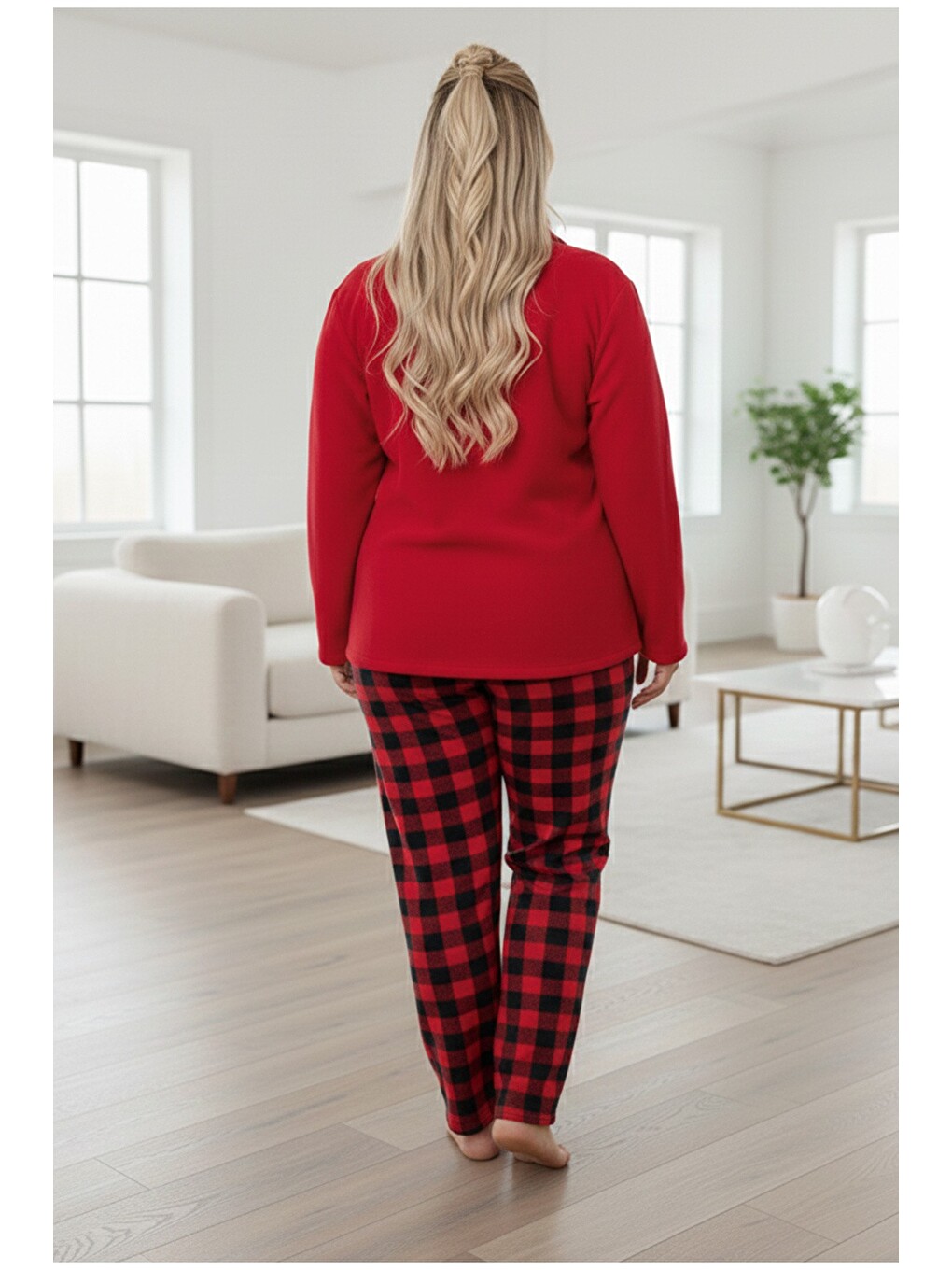 Kırmızı Geyik Nakışlı Ekoseli Büyük Beden Polar Kışlık Örme Pijama Takım-2