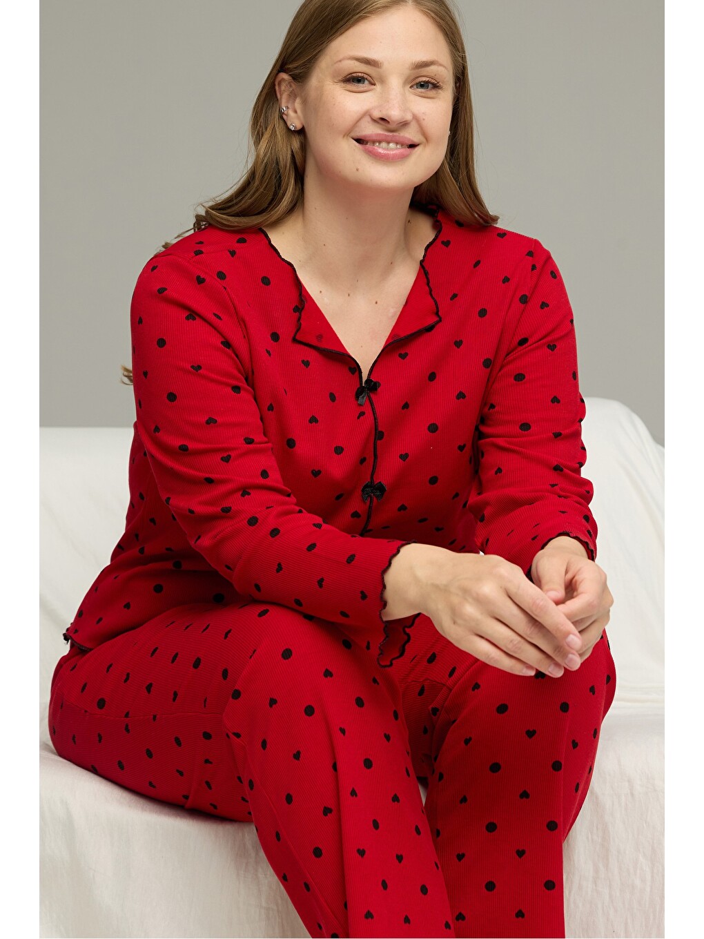 Kırmızı Beden Battal Pamuklu Fiyonklu Fitilli Örme Pijama Takım25228001-6