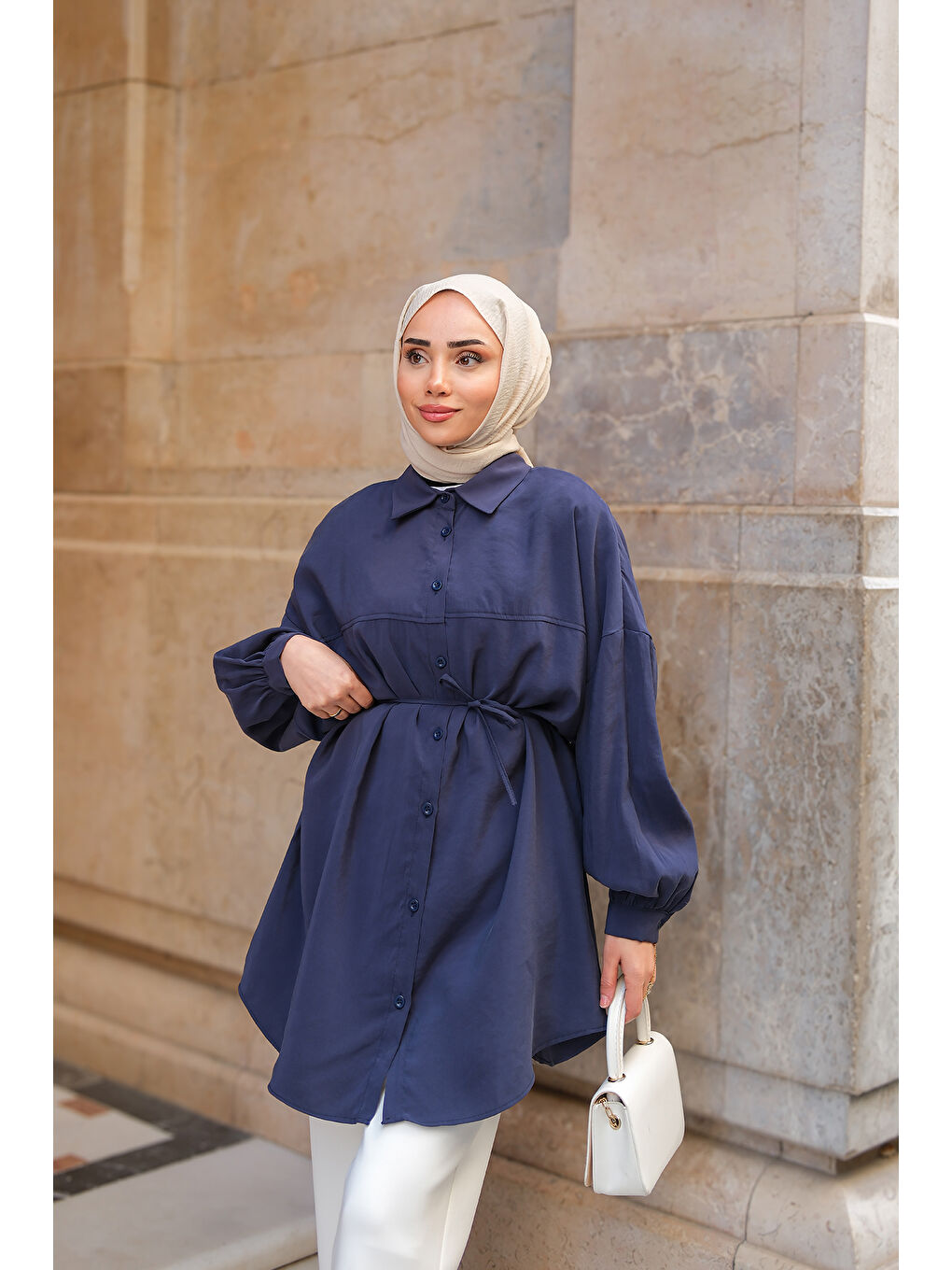 Kadın Bel Bağlamalı Gömlek Lacivert-1