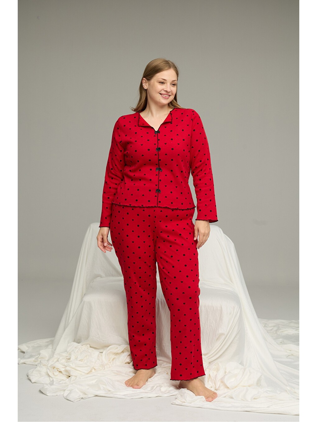 Kırmızı Beden Battal Pamuklu Fiyonklu Fitilli Örme Pijama Takım25228001-6-1