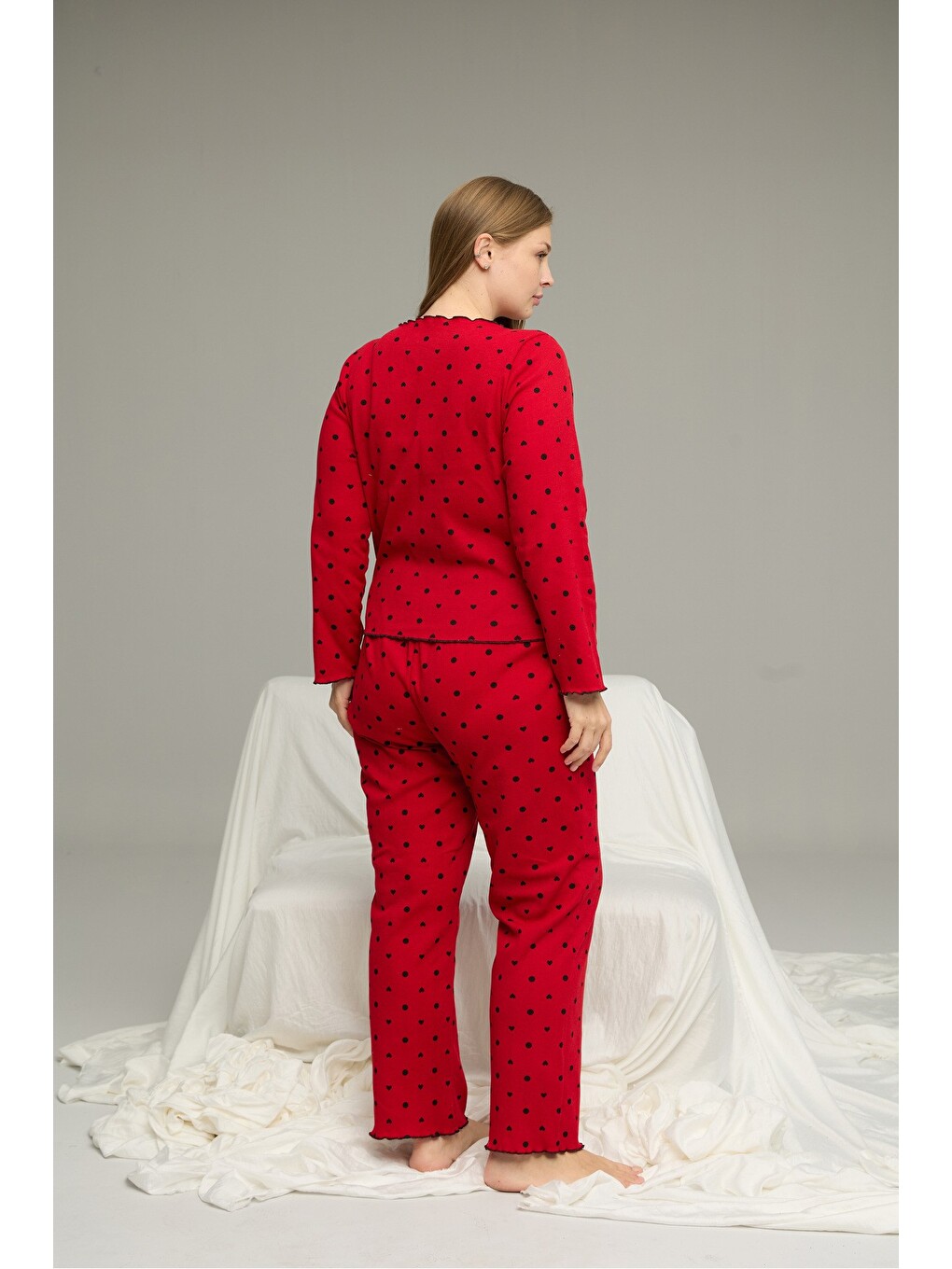 Kırmızı Beden Battal Pamuklu Fiyonklu Fitilli Örme Pijama Takım25228001-6-2