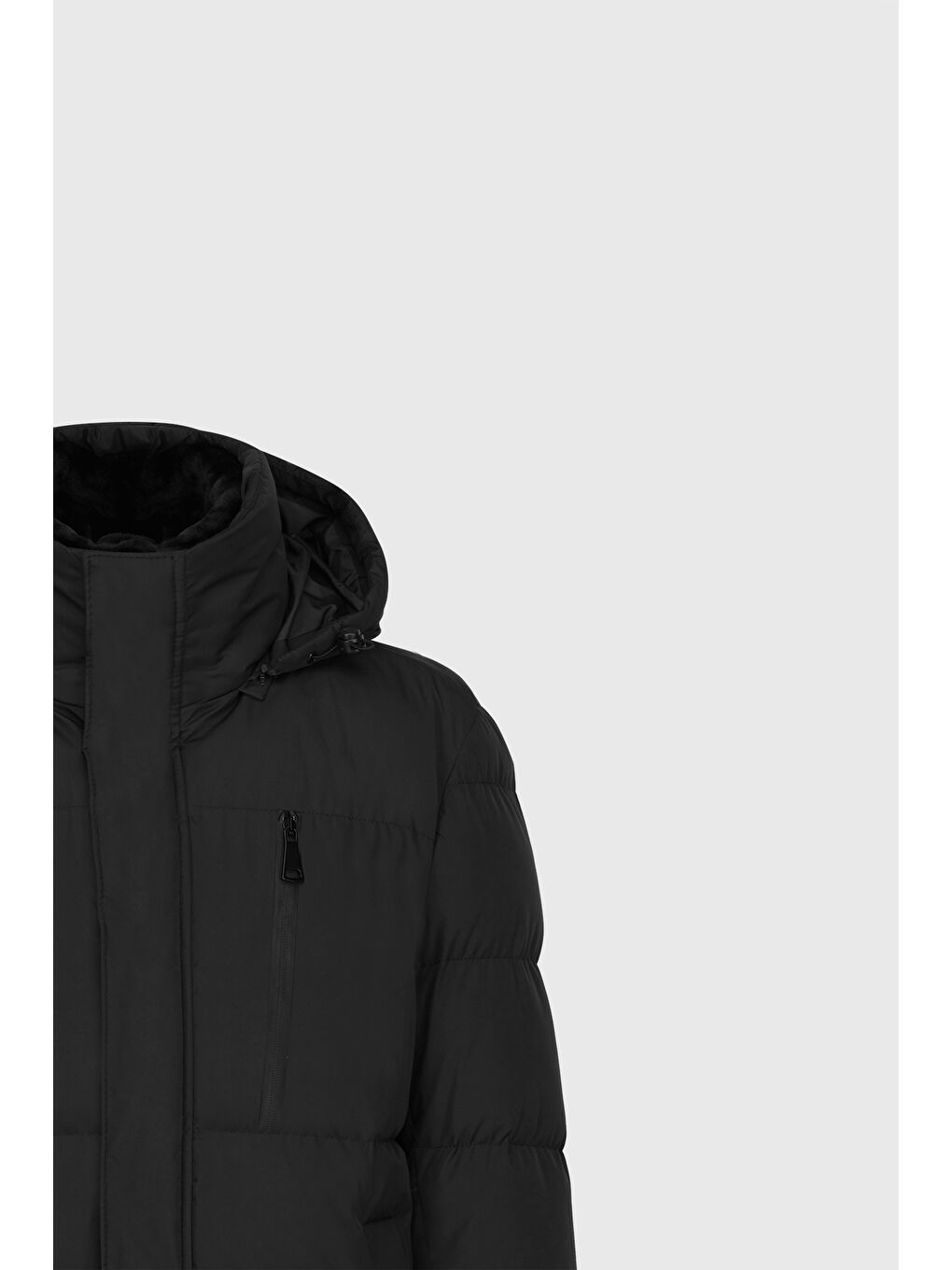 Erkek Siyah Standart Fit Normal Kesim Çıkma Kapüşon Dik Yaka Yan Cepli Kaban-7