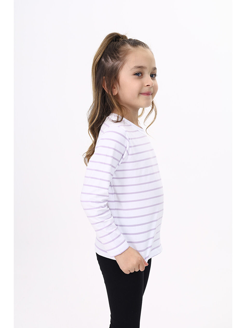 Lila Unisex Çocuk Çizgili Tişört-2