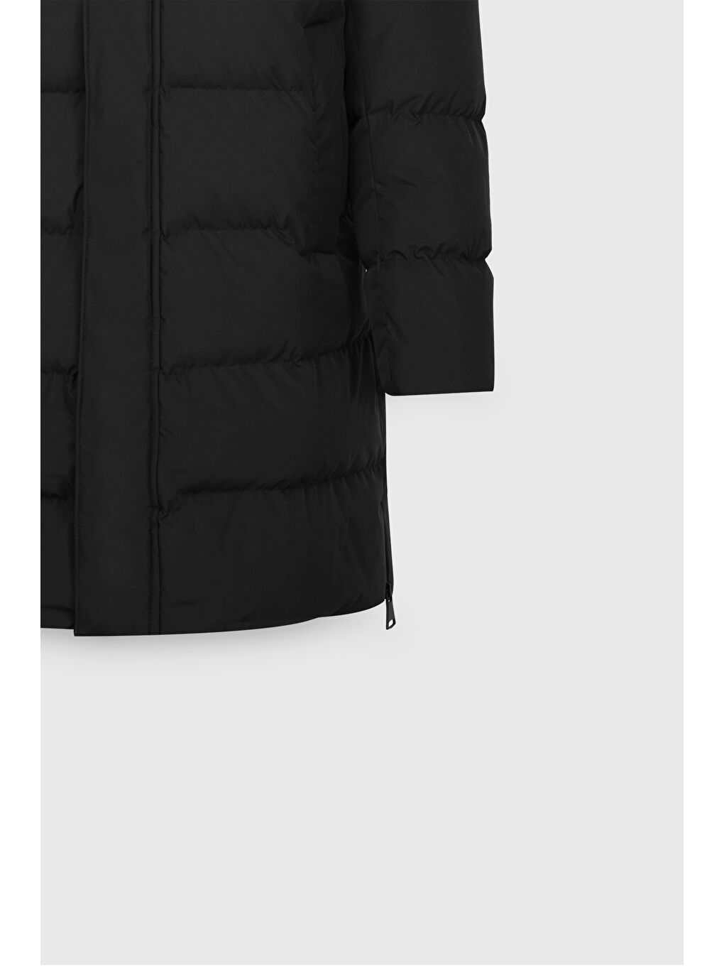 Erkek Siyah Standart Fit Normal Kesim Çıkma Kapüşon Dik Yaka Yan Cepli Kaban-8