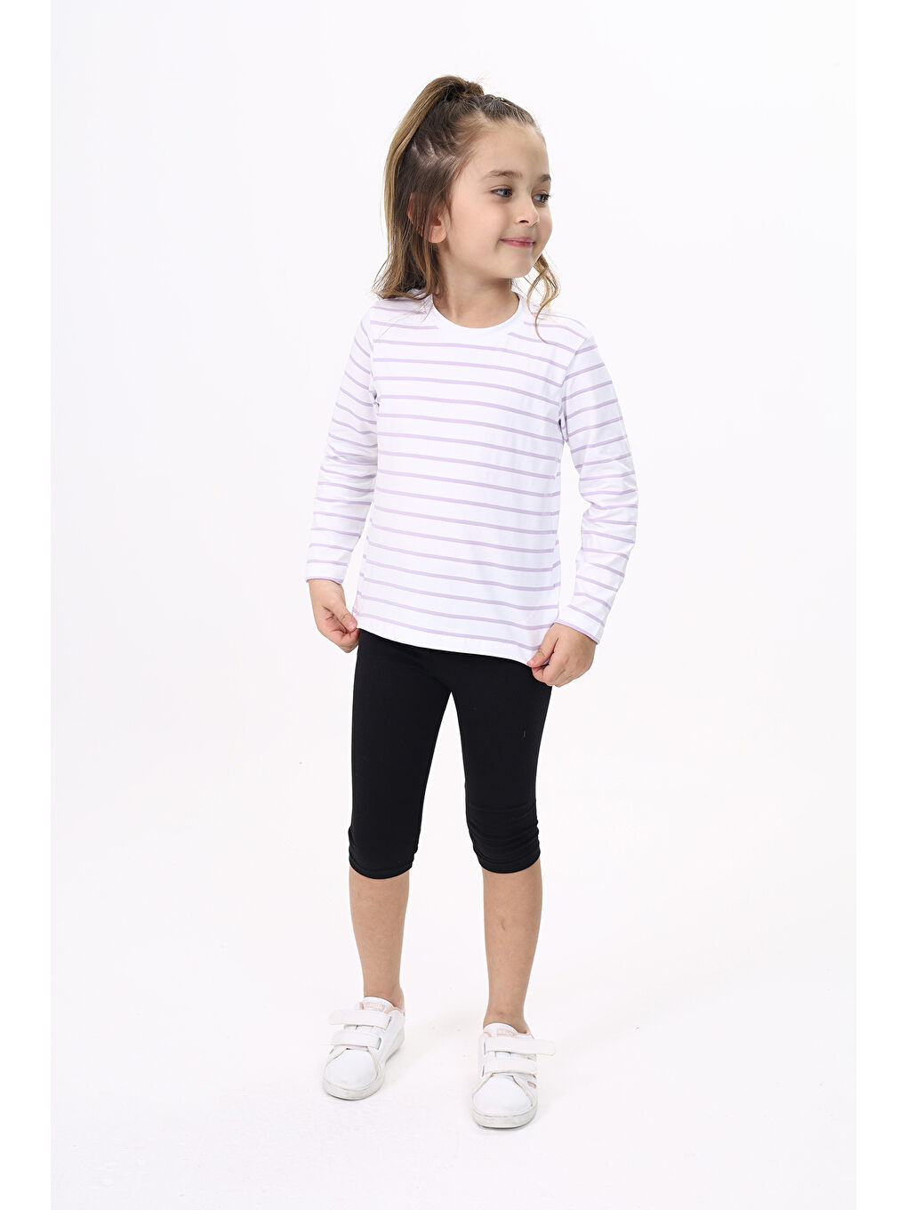 Lila Unisex Çocuk Çizgili Tişört-4