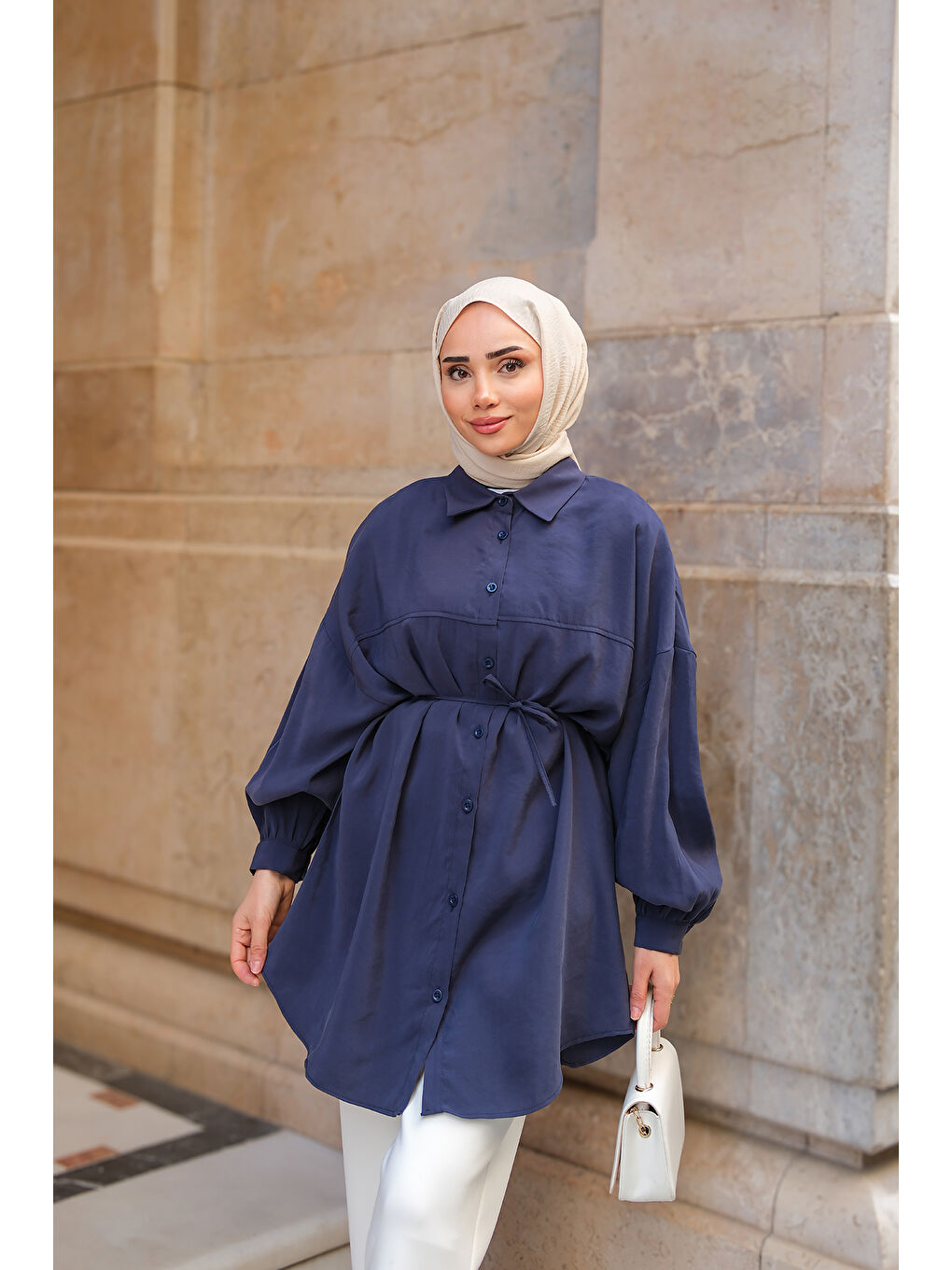 Kadın Bel Bağlamalı Gömlek Lacivert-2