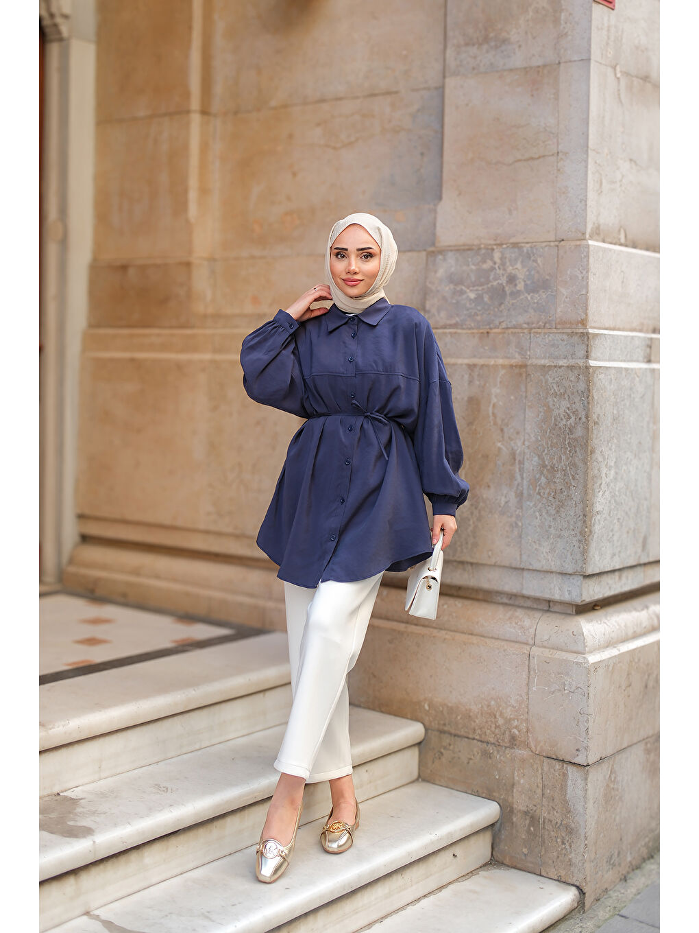 Kadın Bel Bağlamalı Gömlek Lacivert-3