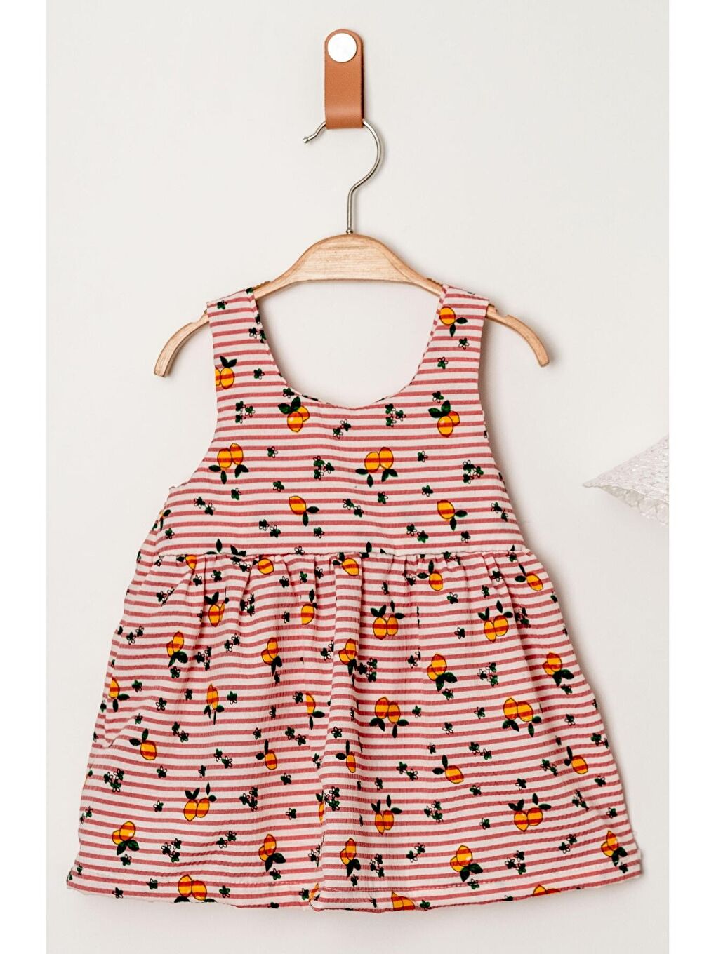 Fuşya Tatlı Limon Desenli Şapkalı Fiyonklu Kız Bebek Elbisesi-2