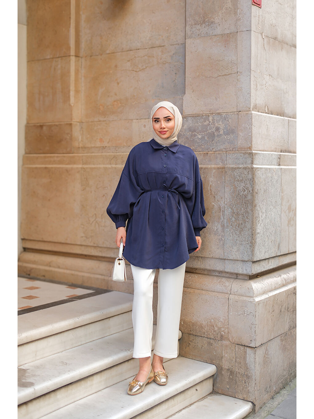 Kadın Bel Bağlamalı Gömlek Lacivert-4