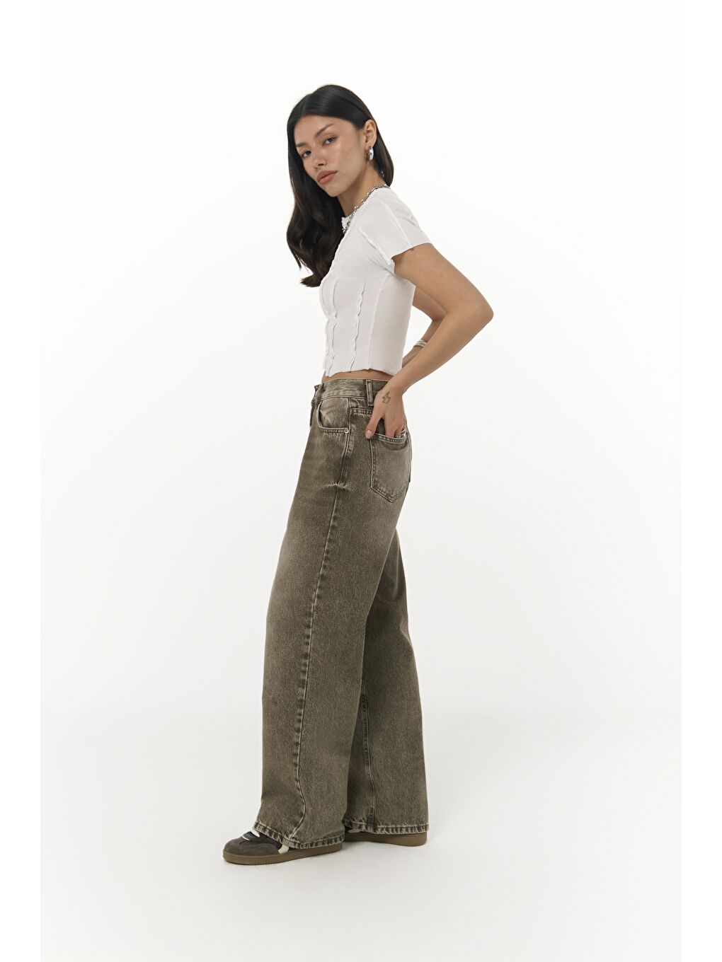 Volme Yıkamalı Yeşil Jean Pantolon-2