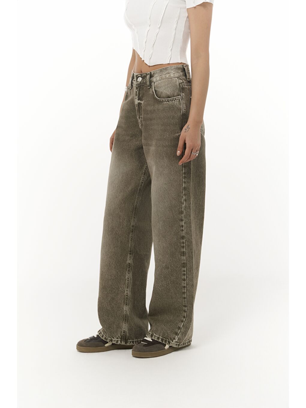 Volme Yıkamalı Yeşil Jean Pantolon-4