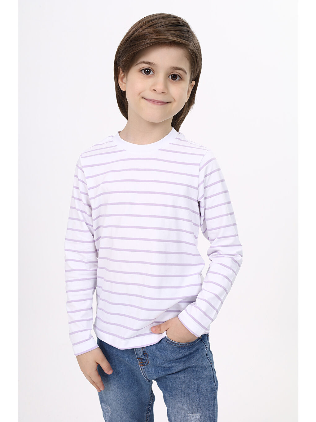 Lacivert Unisex Çocuk Çizgili Tişört-5