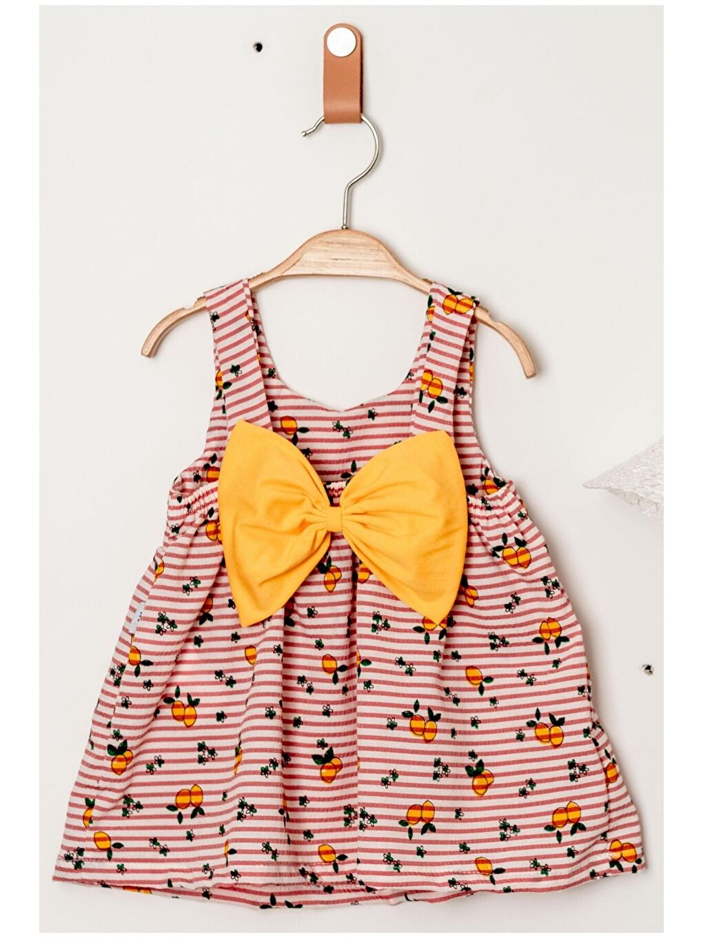 Fuşya Tatlı Limon Desenli Şapkalı Fiyonklu Kız Bebek Elbisesi-3