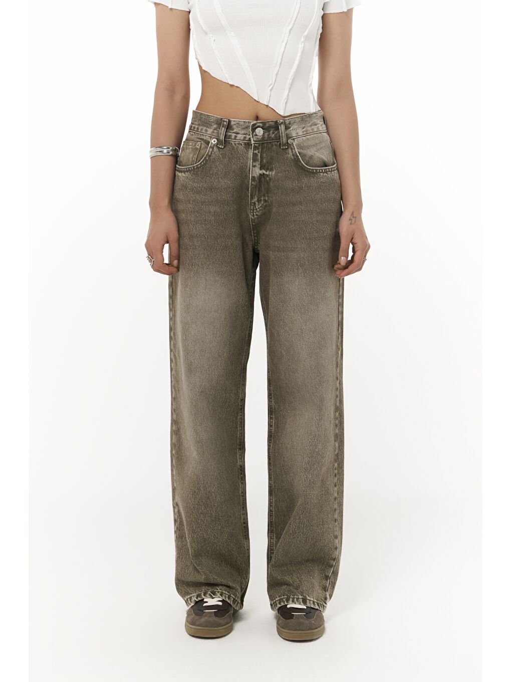 Volme Yıkamalı Yeşil Jean Pantolon-5