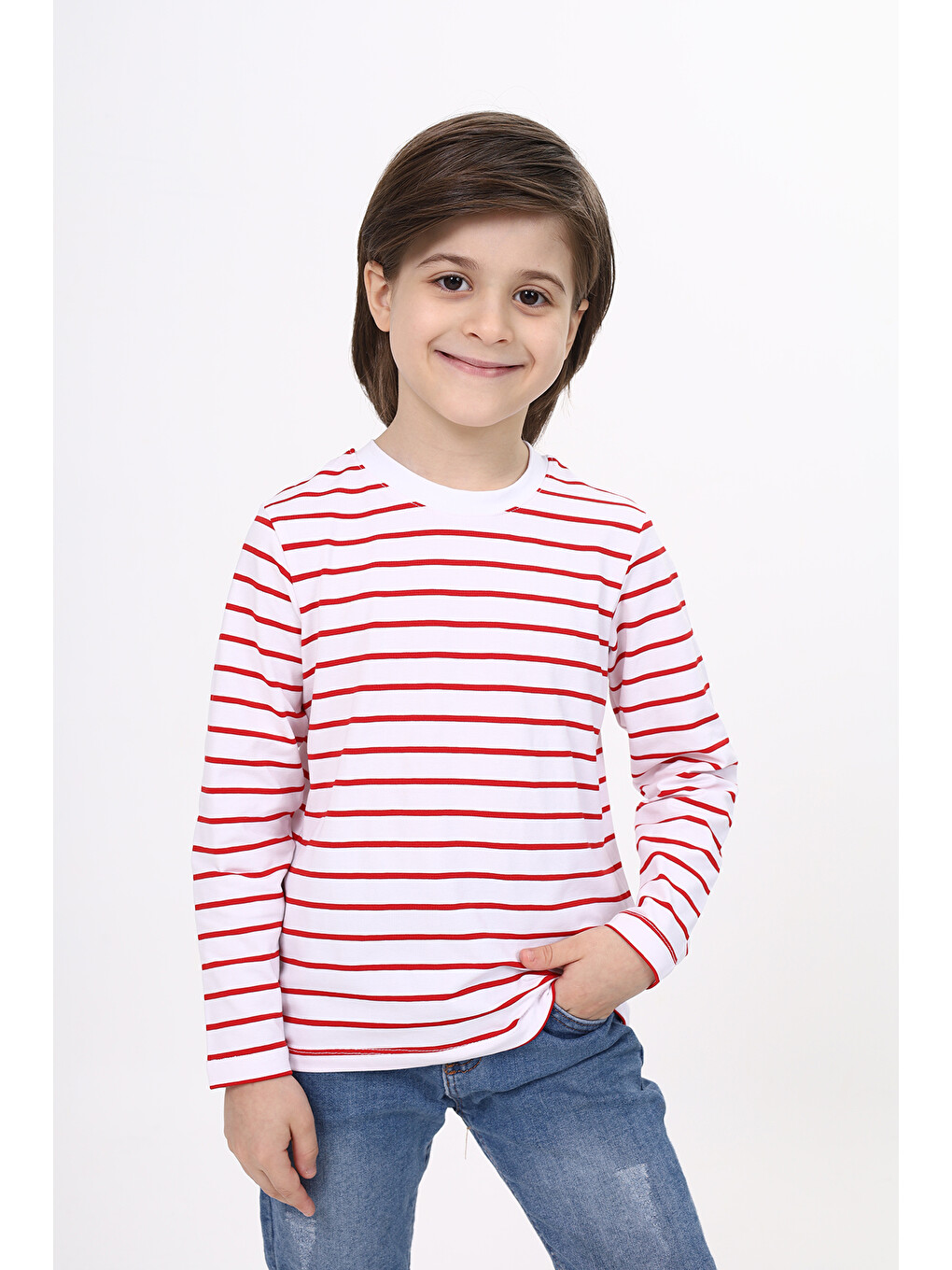 Kırmızı Unisex Çocuk Çizgili Tişört-4