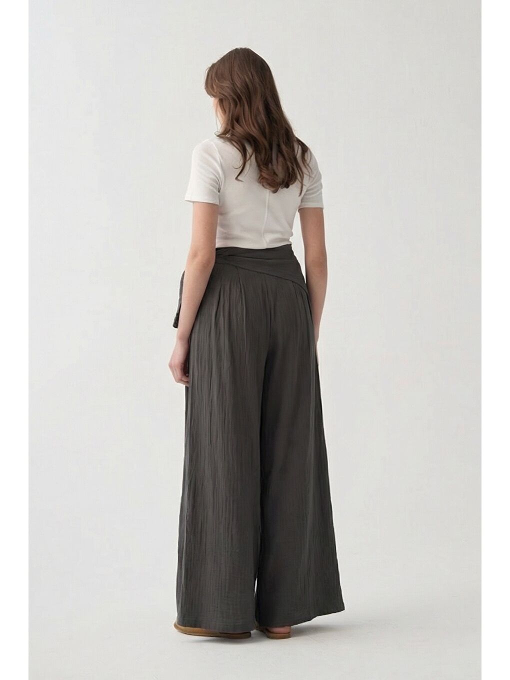 Antrasit-Belden Bağlama Detaylı Müslin Pantolon-2