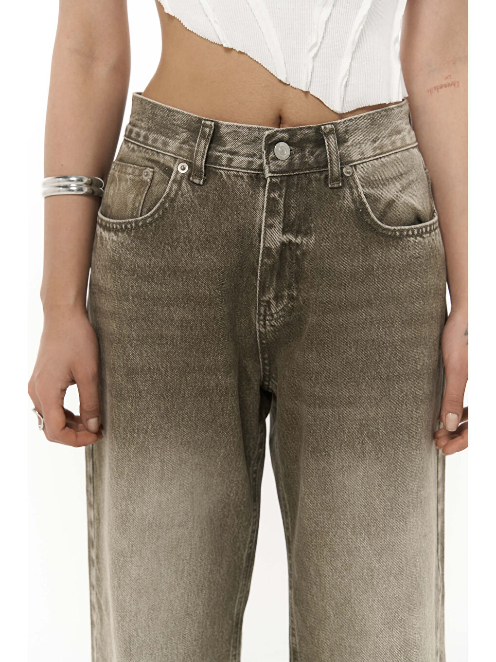 Volme Yıkamalı Yeşil Jean Pantolon-6