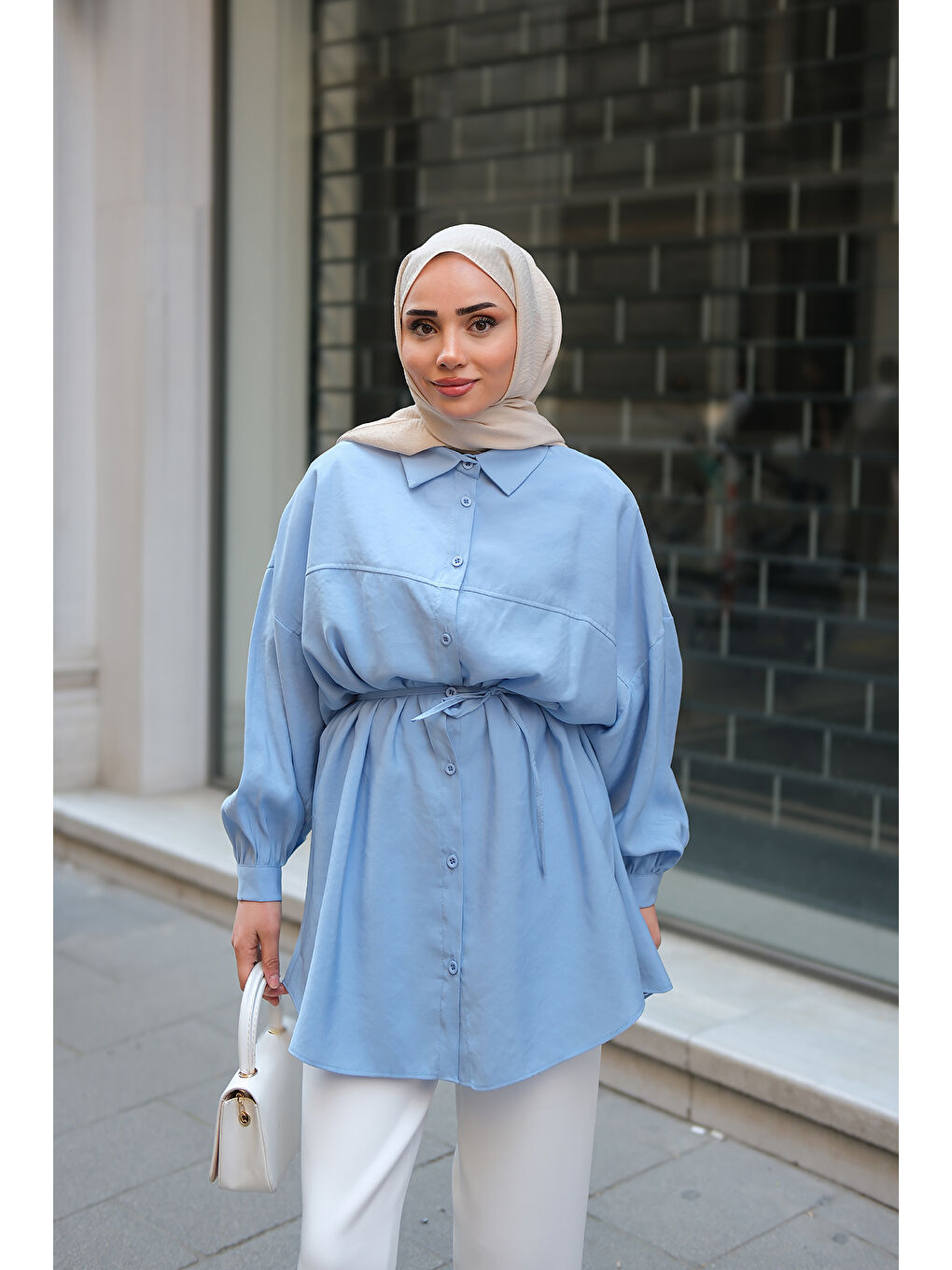 Kadın Bel Bağlamalı Gömlek Mavi-1
